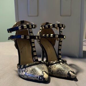 Wild Diva Black and Cream Studded Snakeskin Heels
